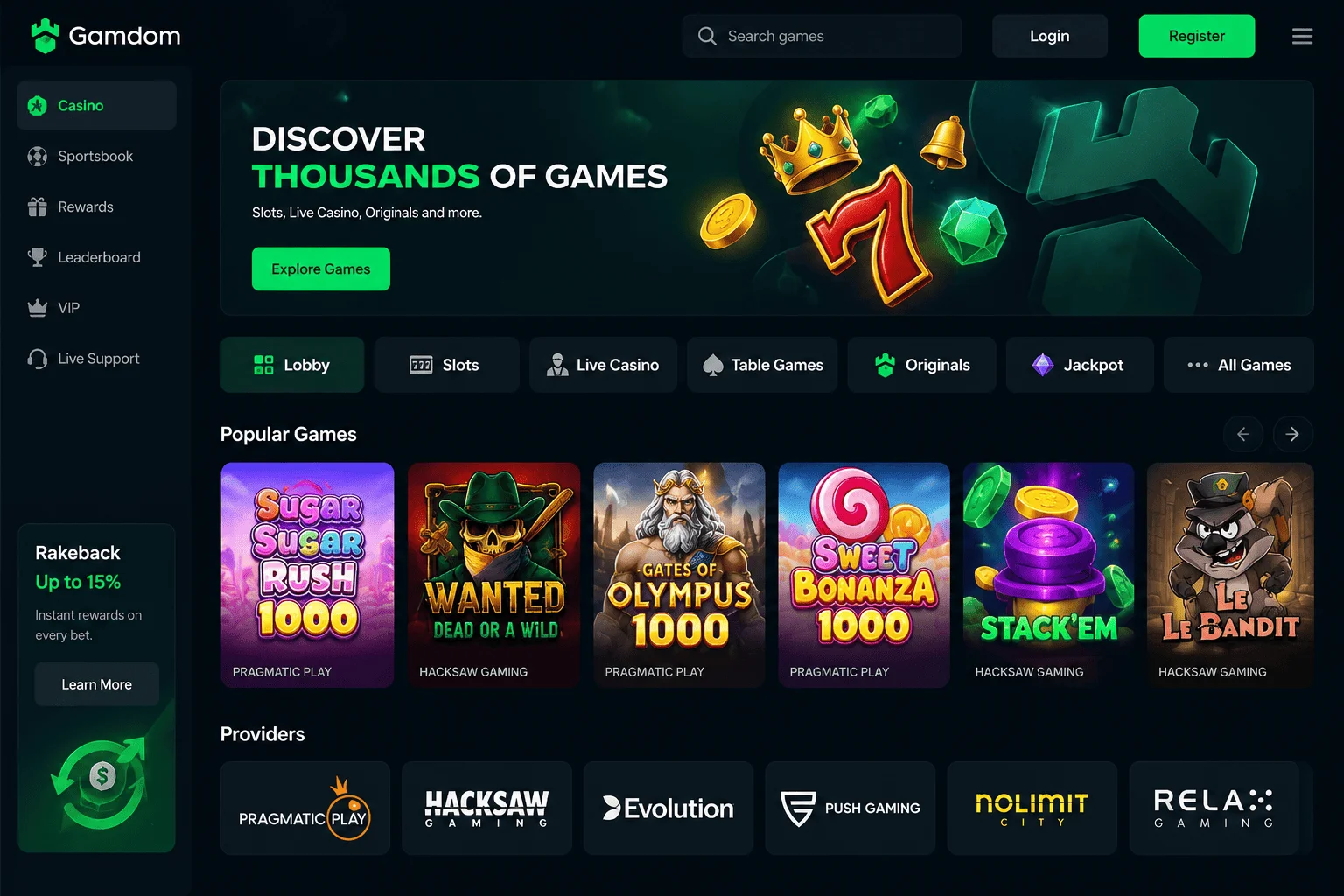 Gamdom casino lobby and game categories