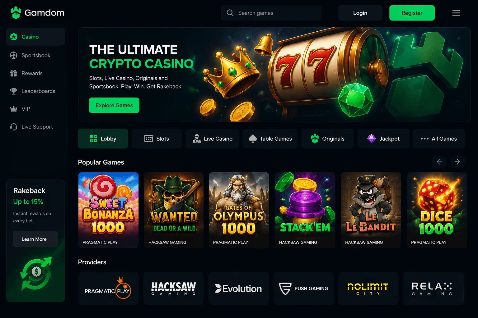 Gamdom slots and casino game selection